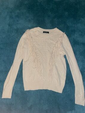 Primp Cream Fringe Cable Crewneck Sweater